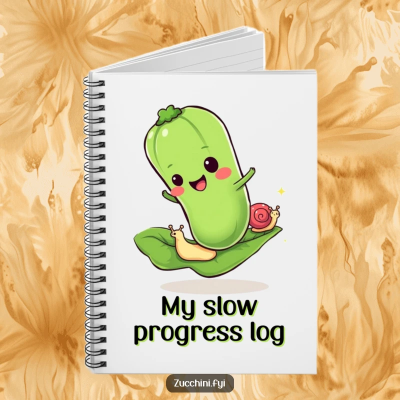 Funny notebook with a cheerful zucchini racing a snail on a leaf, perfect for jotting down ideas with humorous charm.