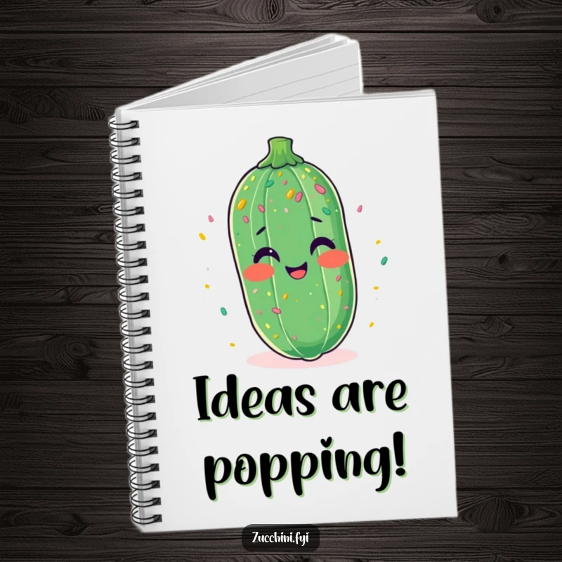 Funny notebook cover illustration of a zucchini laughing joyfully, surrounded by colorful confetti.