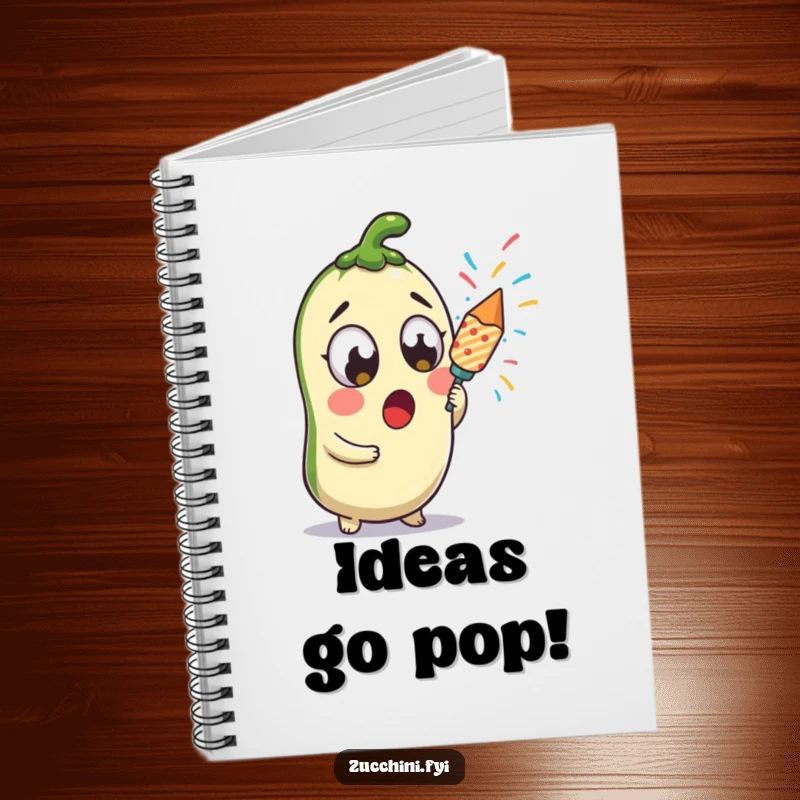 Funny surprised kawaii zucchini holding a confetti popper, ready for fun on this notebook cover.