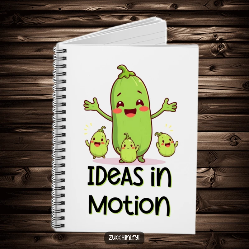 Funny notebook with a smiling zucchini character juggling three small, excited zucchinis, perfect for capturing notes with a dose of vegetable humor.