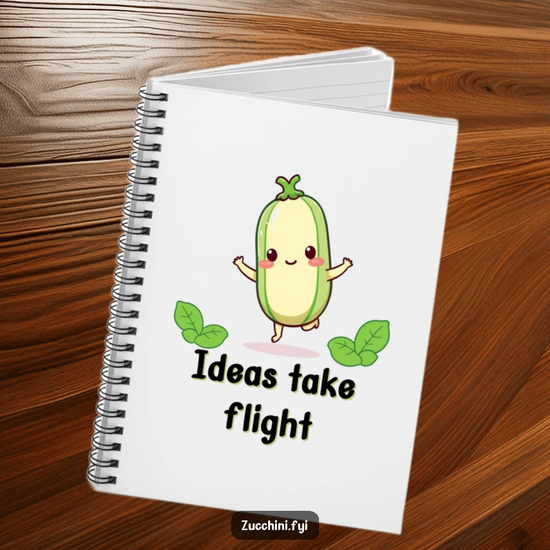 Funny kawaii zucchini hopping on one foot, inspiring happy thoughts in this cute notebook.