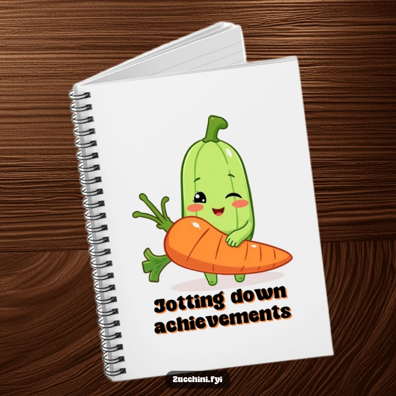 Funny notebook with a winking zucchini holding a large carrot, perfect for jotting down ideas with humorous flair.
