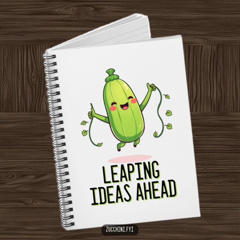 Funny notebook with a giggling zucchini character jumping rope with a vine, perfect for capturing notes with vegetable humor.
