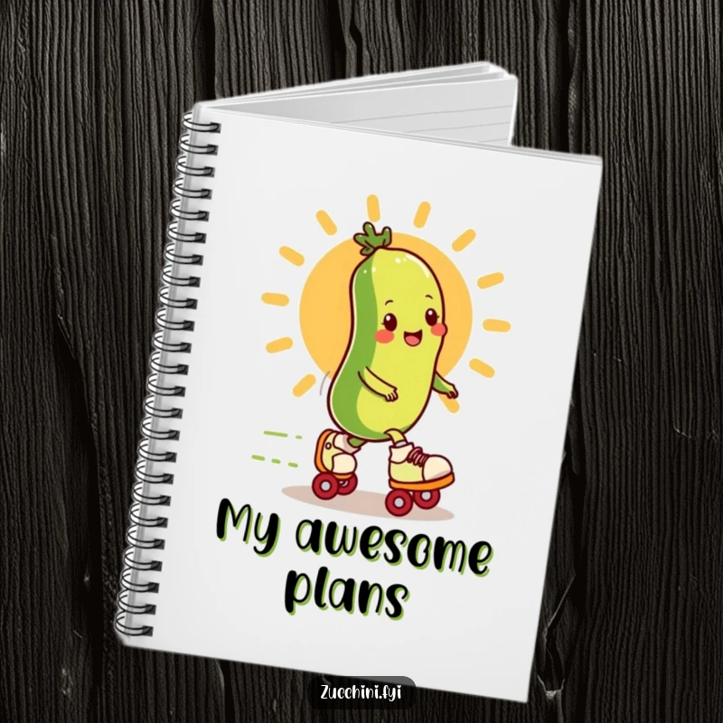 Funny zucchini on roller skates speeding by a sun on a notebook cover, perfect for note-taking.