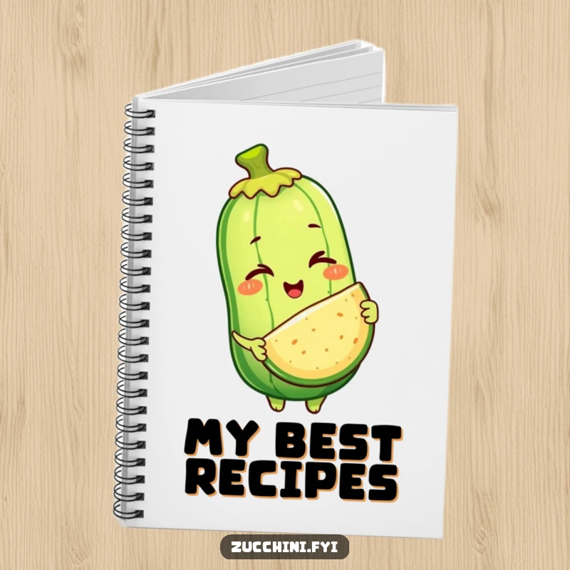 Funny notebook with a winking anthropomorphic zucchini character offering a slice of itself, ideal for jotting down notes, ideas, or daily reflections with wit.