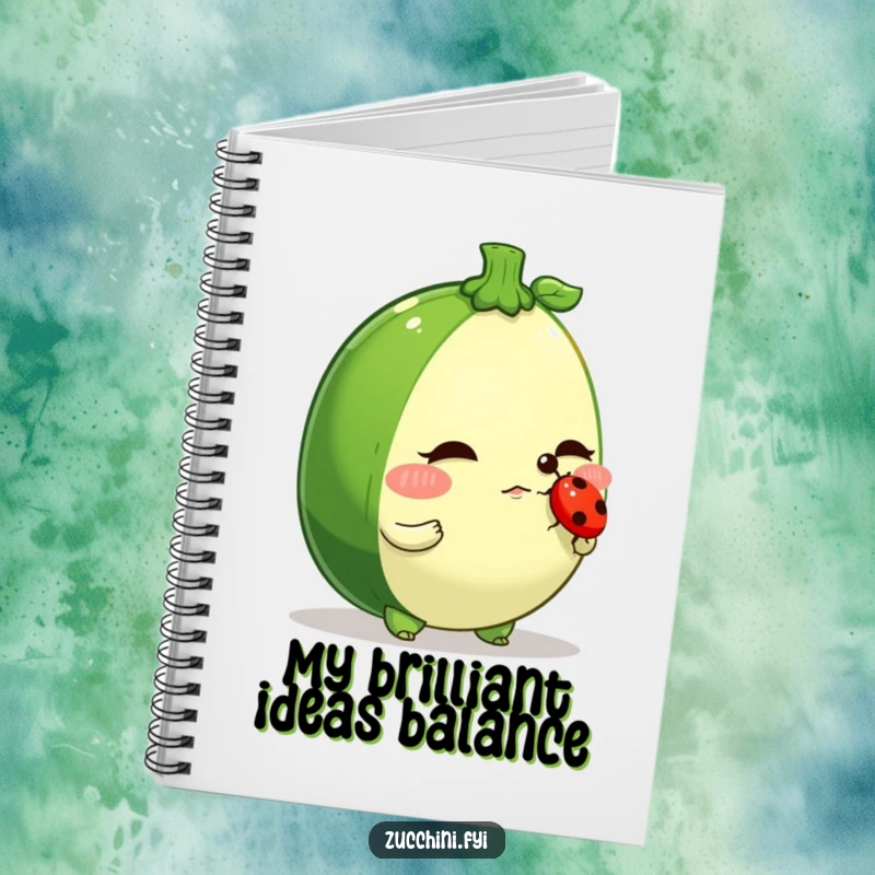 Funny zucchini notebook, a determined veggie character balancing a ladybug on its nose, ideal for jotting down focused ideas.