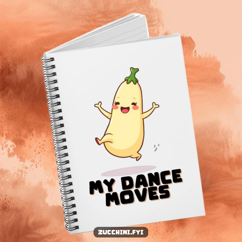 Funny Notebook with a dancing zucchini enthusiastically performing a high kick with joyful energy.