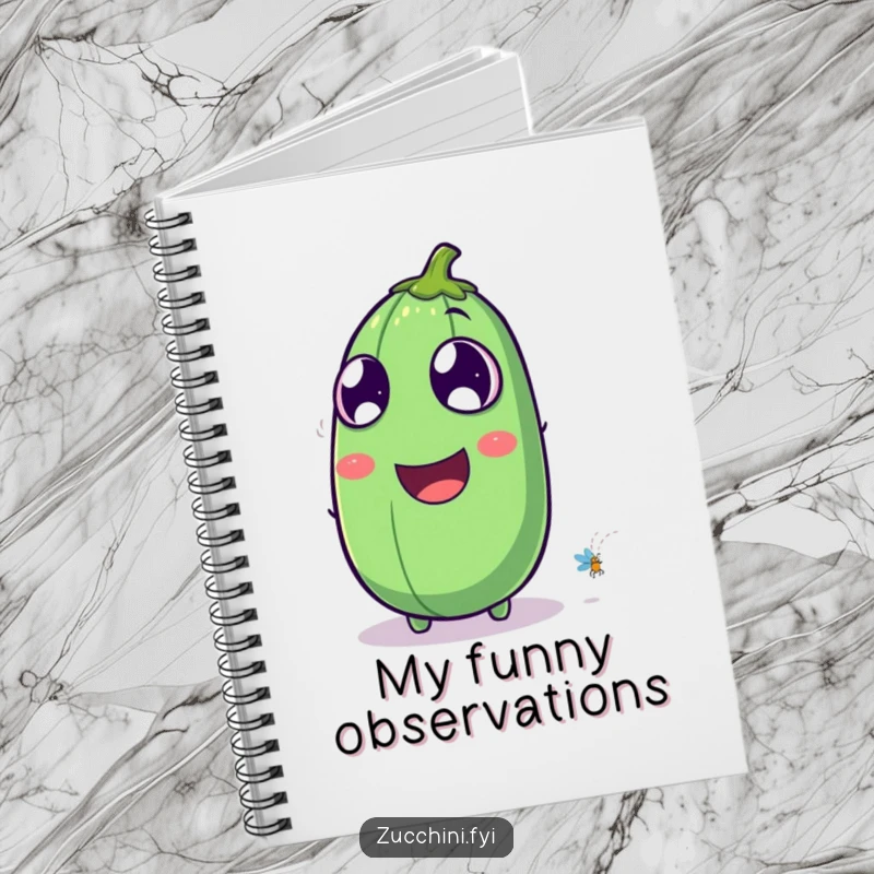Funny laughing zucchini notebook showing a zucchini watching a firefly for writing and drawing, offering a humorous space for joy.