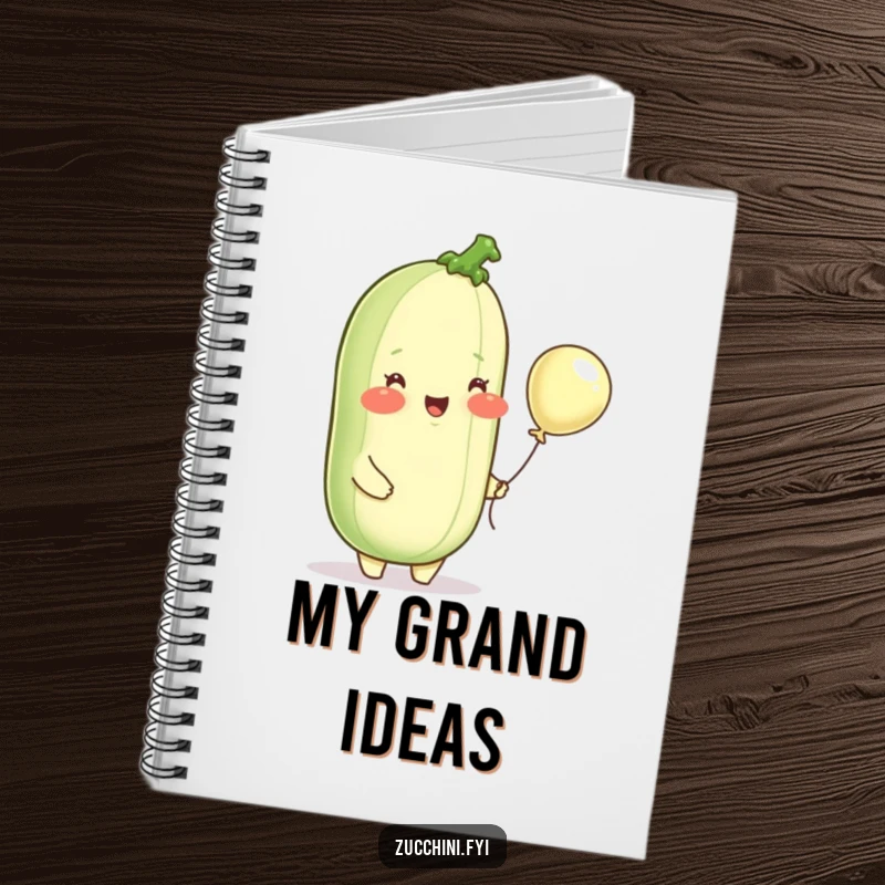 Funny notebook cover, a delighted zucchini with rosy cheeks holding a small balloon, inspiring joyful note-taking.