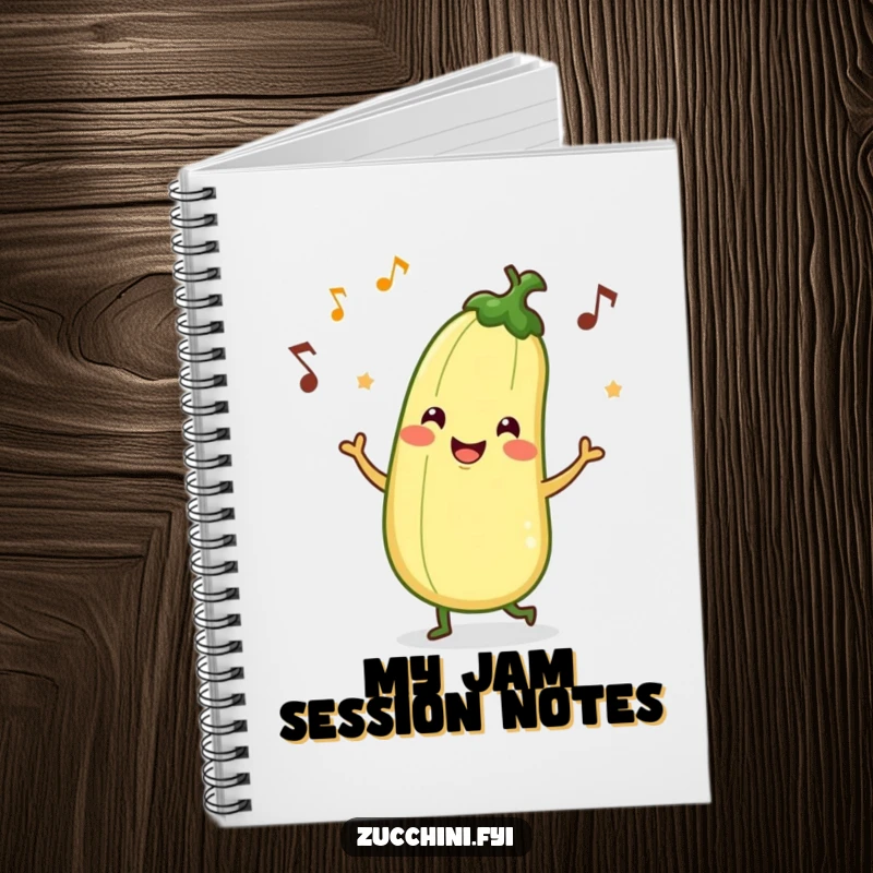 Funny notebook with a smiling zucchini character in a dance pose, with musical notes indicating a cheerful and energetic vibe for note-taking.