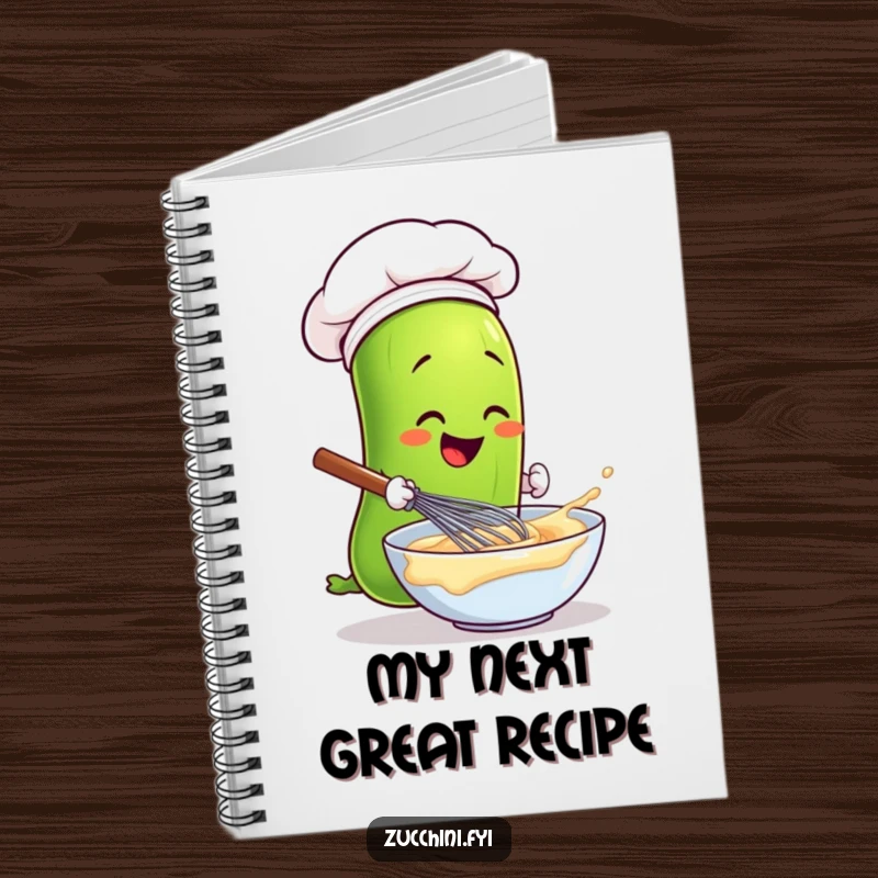 Funny zucchini in a chef hat whisking batter, a humorous journal for recipes or notes.