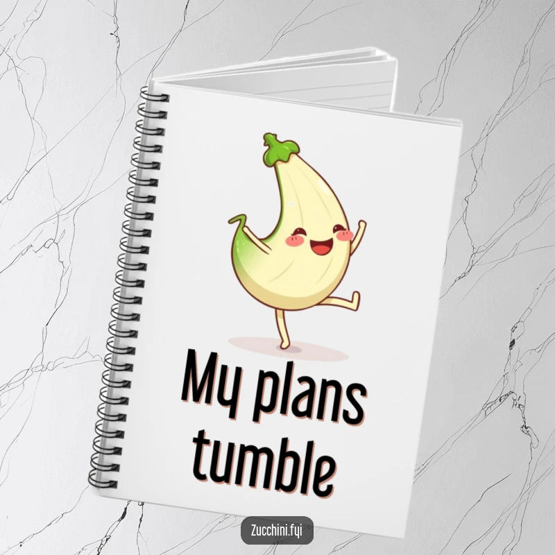 Funny notebook cover illustration of a zucchini doing a cartwheel with a happy, wide grin.