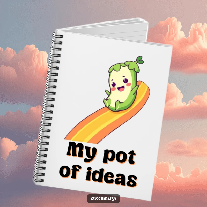 Funny notebook showcasing a zucchini character joyfully sliding down a vibrant rainbow, perfect for jotting down magical ideas and inspired thoughts.