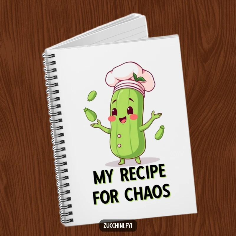 Funny notebook showcasing a zucchini in a chef hat, joyfully juggling small zucchinis, perfect for jotting down recipes and inspired ideas.