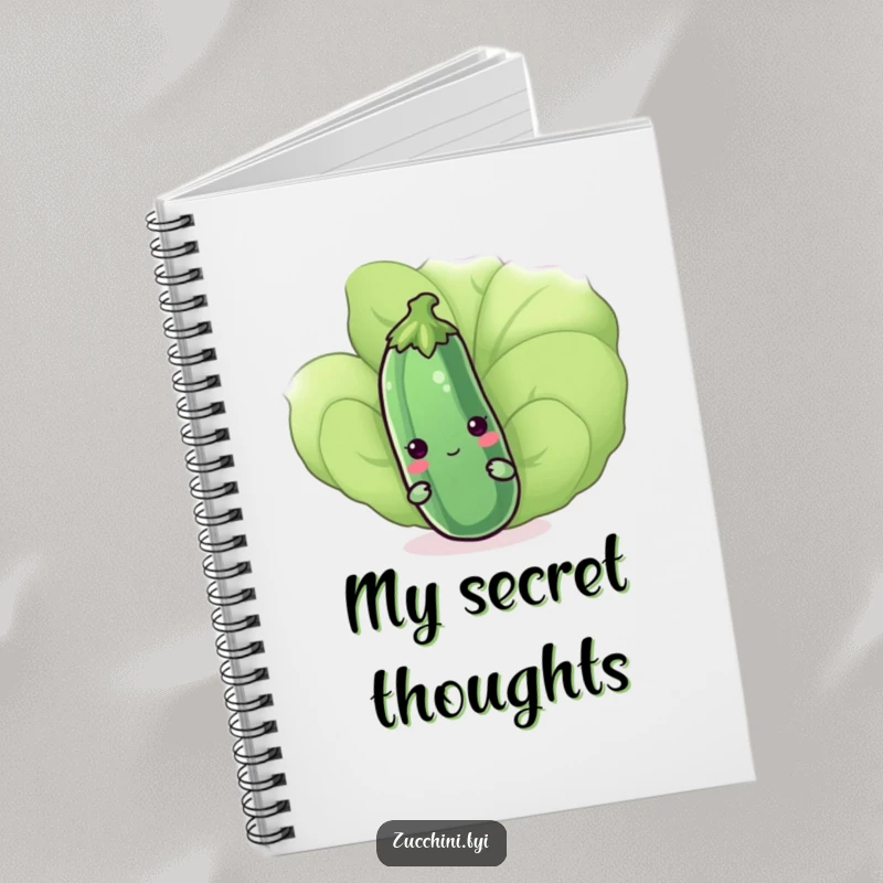 Funny kawaii zucchini peeking shyly behind a leaf on a notebook cover, perfect for journaling with cute, humorous charm, ideal gift.