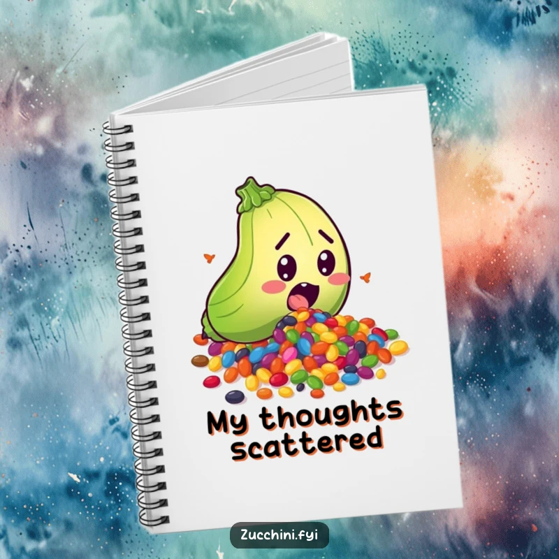 Funny notebook with a surprised zucchini character spilling a rainbow of colorful seeds, perfect for capturing notes with a dose of vegetable humor.