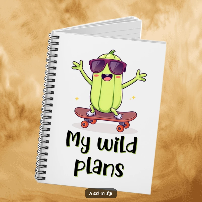 Funny kawaii zucchini notebook, featuring a cool zucchini skateboarding and dancing, ideal for jotting down funny ideas and skater tricks.