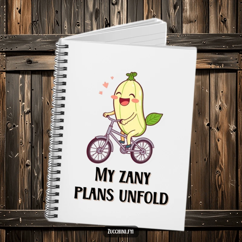 Funny Notebook: A laughing kawaii zucchini rides a miniature bicycle, perfect for jotting down happy ideas.