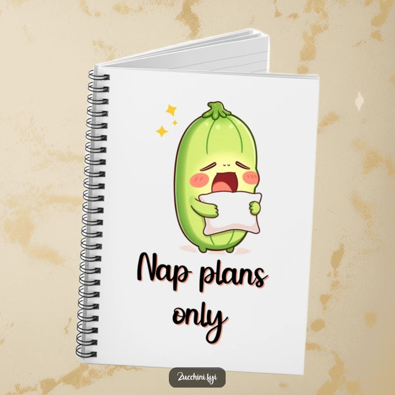Funny sleepy zucchini yawning with a pillow, on a notebook cover, showcasing a humorous vegetable character ready for notes or sweet dreams.