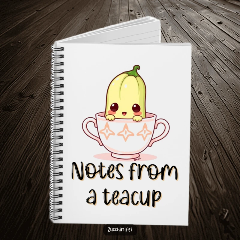 Funny notebook featuring a surprised zucchini peeking out of a tiny teacup.