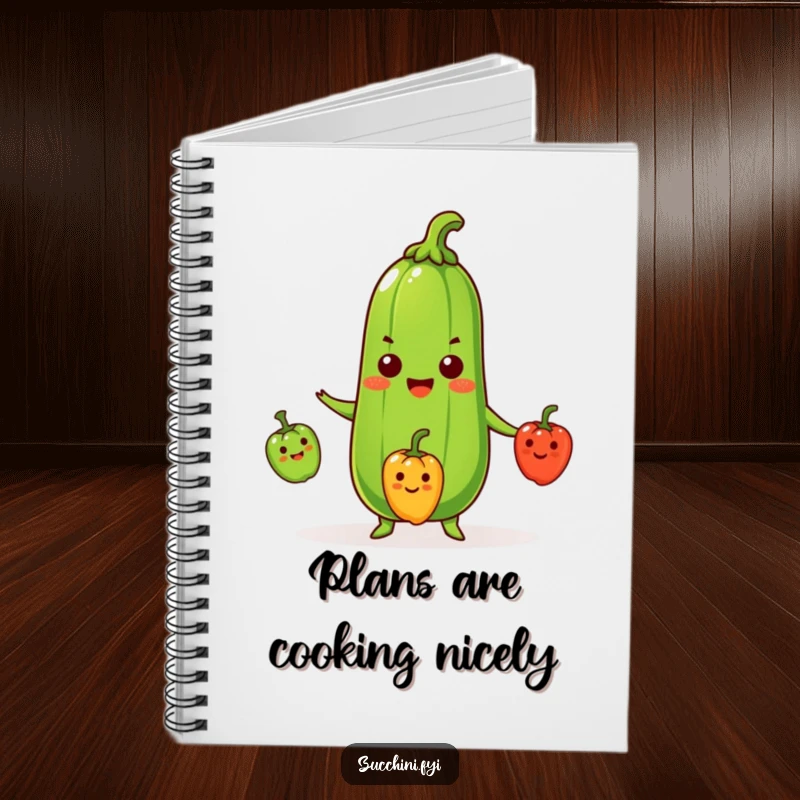 Funny Zucchini Notebook featuring a beaming cartoon zucchini juggling three miniature smiling peppers, ideal for jotting down ideas with humor.