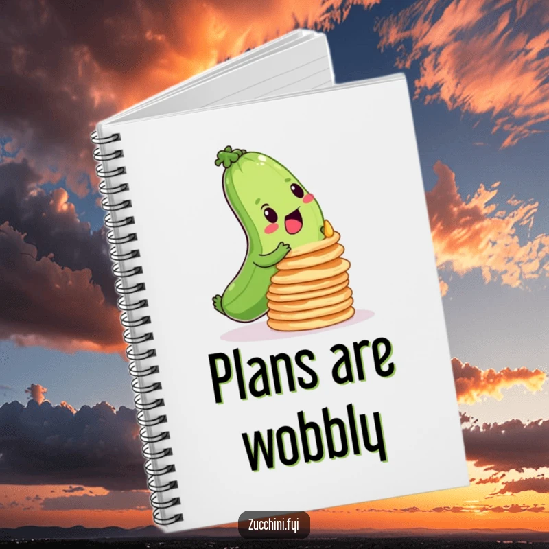 Funny notebook cover with a determined zucchini balancing a stack of wobbly pancakes, great for notes and plans.