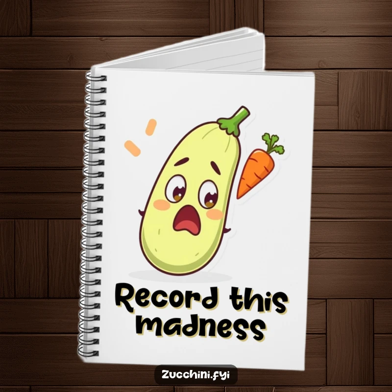 Funny notebook with a cover illustration of a zucchini looking surprised at a carrot flying by.
