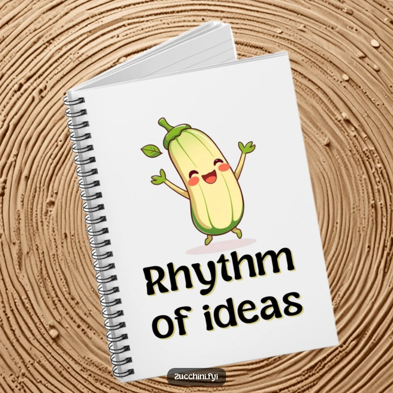 Funny Zucchini Notebook featuring a cartoon zucchini joyfully dancing and wiggling its leaves, ideal for journaling happy thoughts.