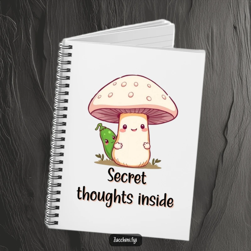 Funny notebook cover with a shy zucchini peeking from behind a cheerful smiling mushroom, perfect for writing and drawing.