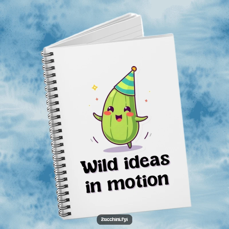 Funny notebook with a zany zucchini wearing a party hat, spinning gleefully, ready to record all your funny thoughts.