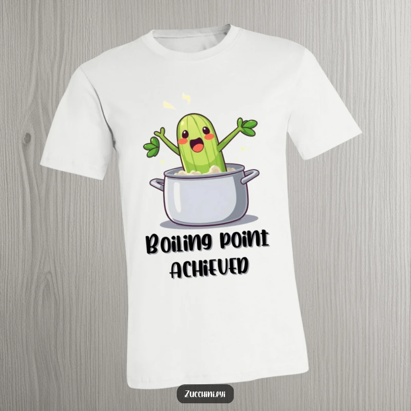 Funny zucchini t-shirt design: an overjoyed vegetable steaming and jumping into a pot with a lively splash, a humorous scene.