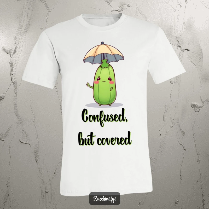 A funny zucchini looking bewildered while trying to balance a tiny umbrella on its head, printed on a t-shirt.