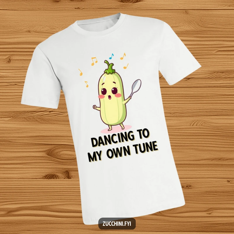 Surprised zucchini with musical notes dancing with a spoon, a fun and humorous t-shirt.