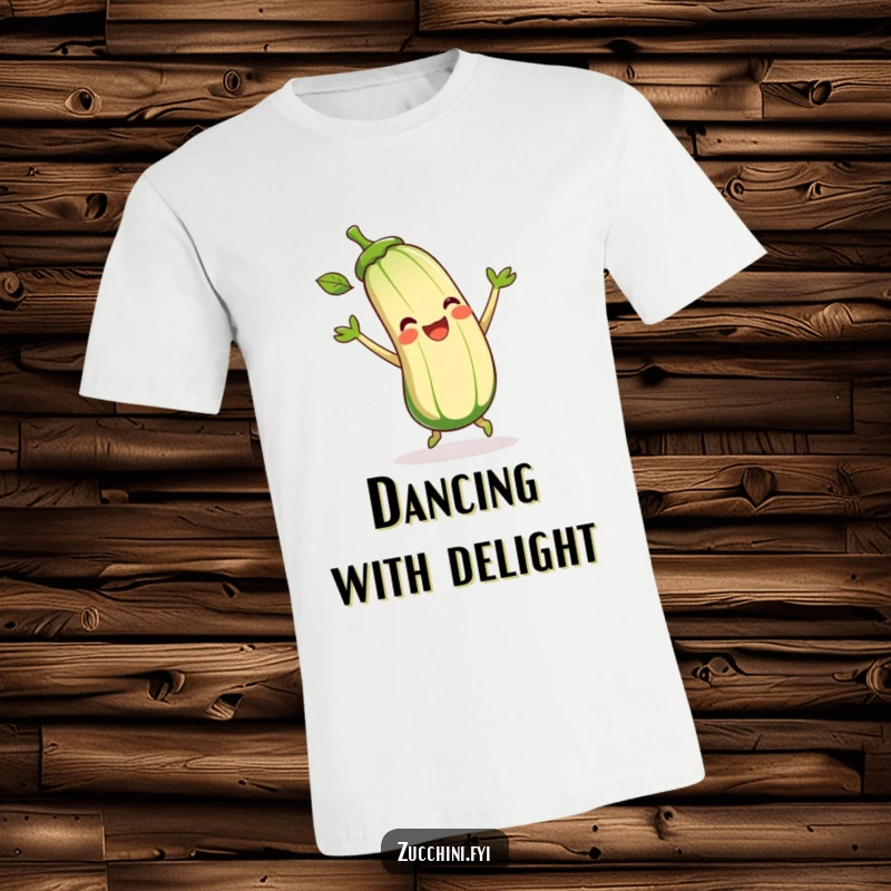 Funny Zucchini T-Shirt depicting a cartoon zucchini happily dancing and shaking its green leaves with pure, unadulterated joy.