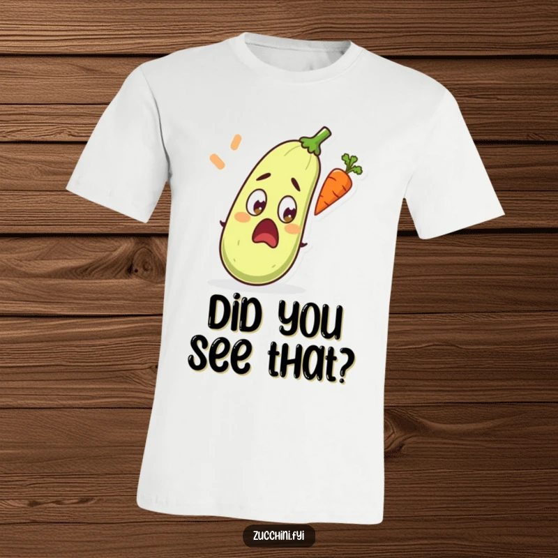 Funny t-shirt with a shocked zucchini, eyes wide open, reacting to a carrot suddenly flying past.