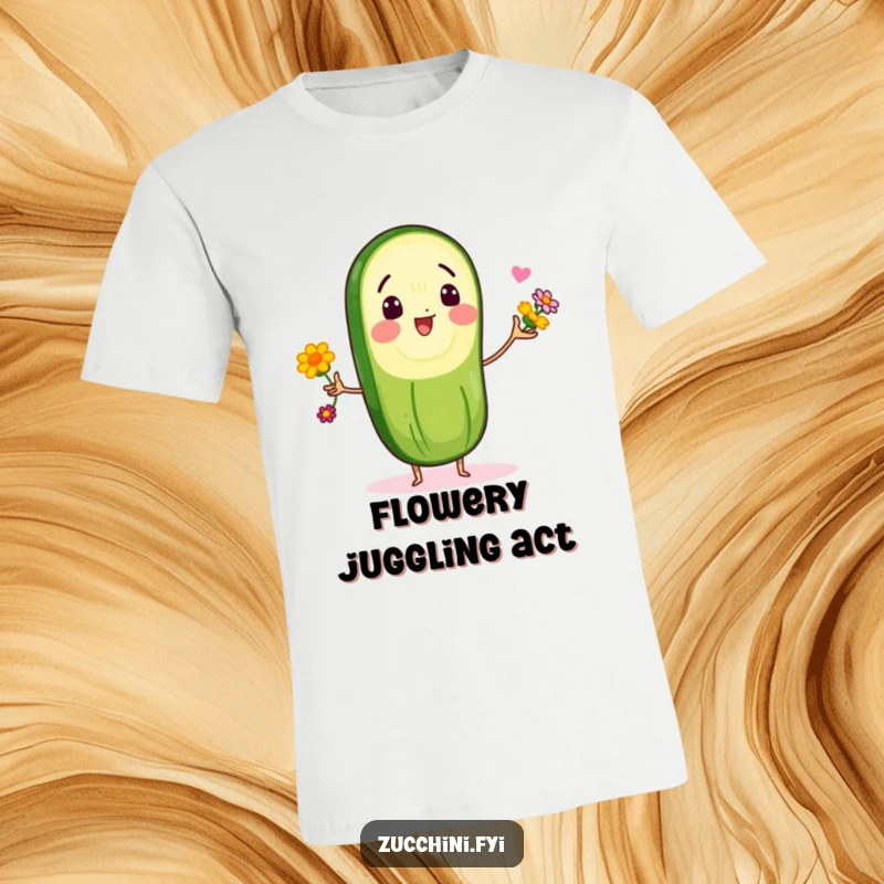 Funny T-shirt showcasing a cheerful zucchini slice character in the act of juggling tiny, colorful edible flowers, a playful veggie design.