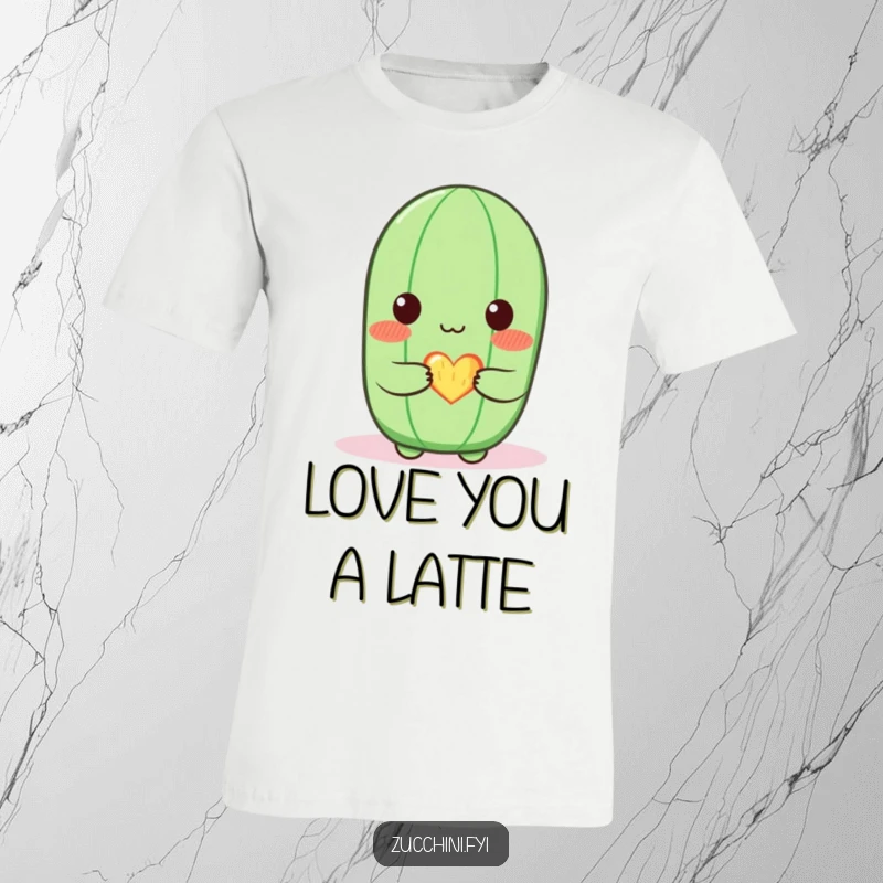 Funny zucchini t-shirt with a cute, blushing zucchini character offering a small, glowing heart, conveying sweet affection and lighthearted humor.