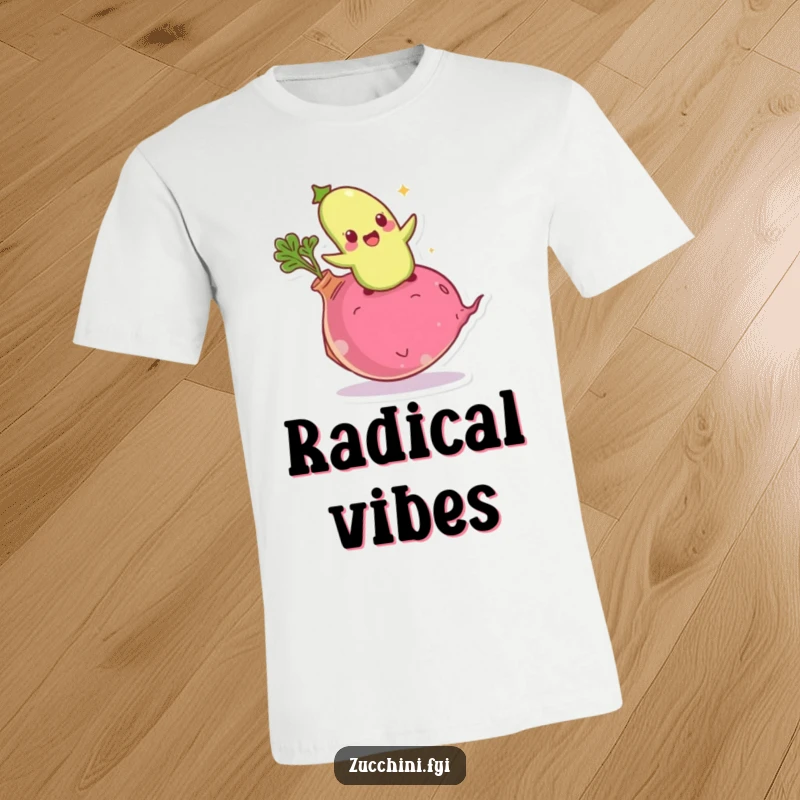 Funny giddy zucchini t-shirt featuring an excited vegetable bouncing on a giant radish, capturing a moment of pure fun.