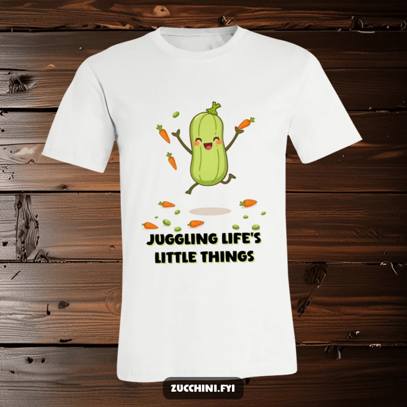 Funny zucchini with tiny legs joyfully juggling carrots and peas, a playful t-shirt for veggie lovers.