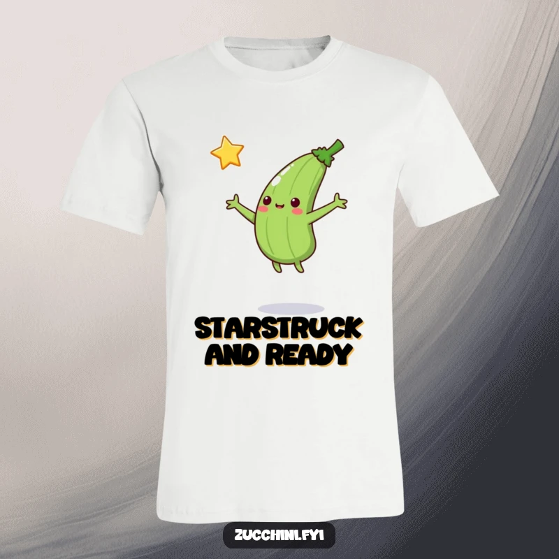 Funny Jumping Zucchini T-Shirt: A happy zucchini jumps with arms outstretched, catching a falling star, embodying ambition and humorous pursuit.