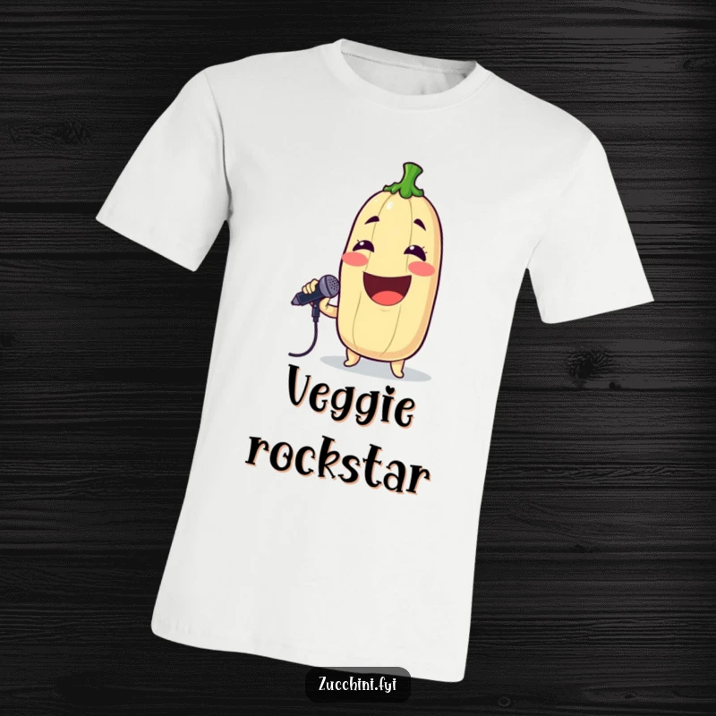 Funny t-shirt depicting a grinning zucchini holding a microphone and passionately singing a song.