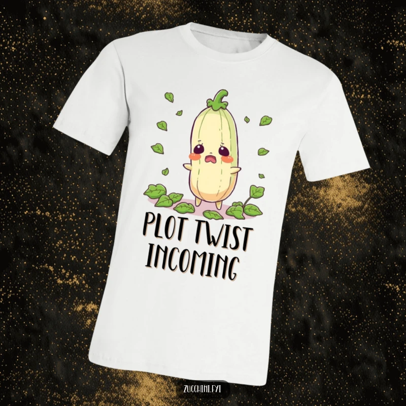 Funny startled zucchini t-shirt featuring a shocked vegetable with leaves flying, capturing a moment of comical surprise.