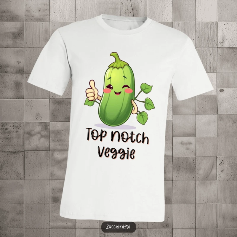 Funny T-Shirt depicting a winking zucchini giving a thumbs up with its vine, conveying approval and fun.