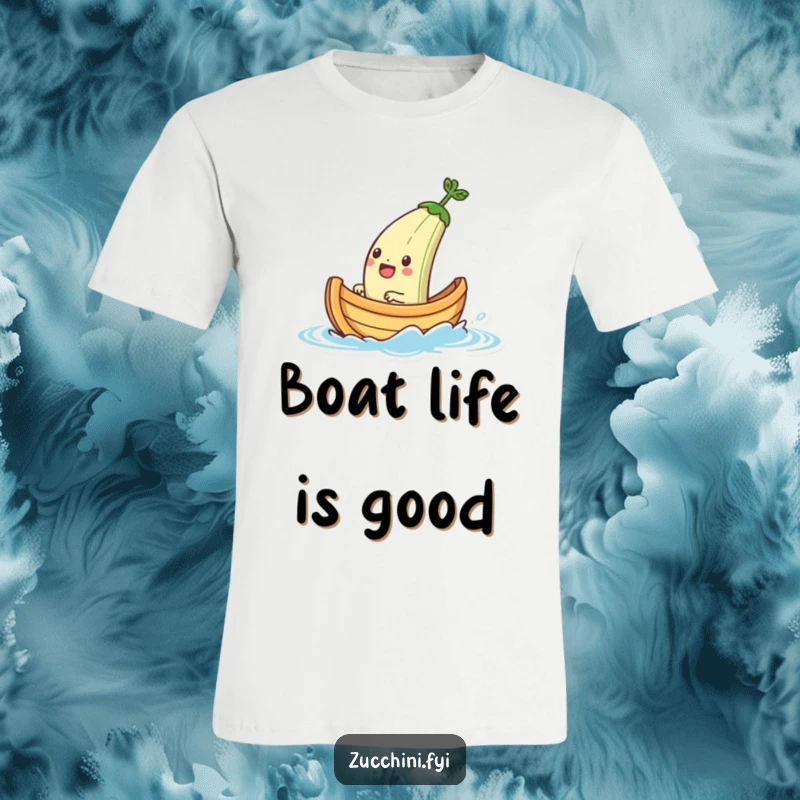 Funny T-shirt illustrating a jubilant zucchini boat character confidently sailing across a small body of water, a playful maritime design.