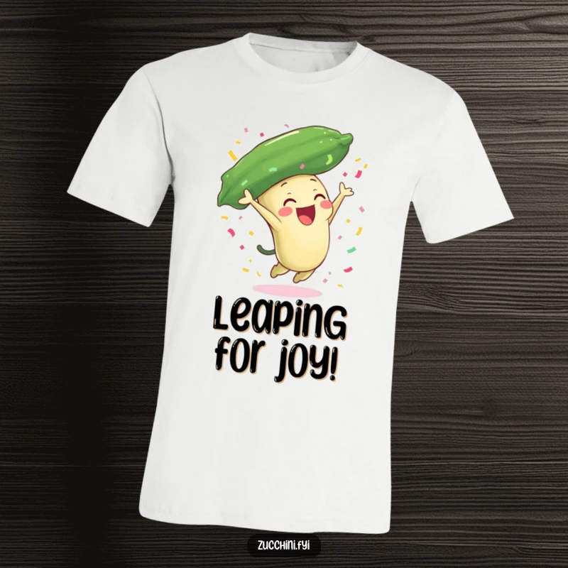 Funny zucchini t-shirt with a joyful zucchini character leaping and showering confetti, perfect for spreading cheer and lighthearted humor.