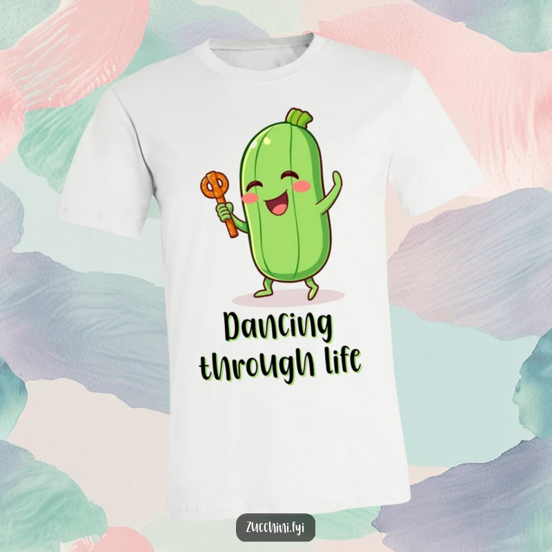 Funny t-shirt featuring a jubilant zucchini character performing a comical dance with a pretzel stick, full of energy.