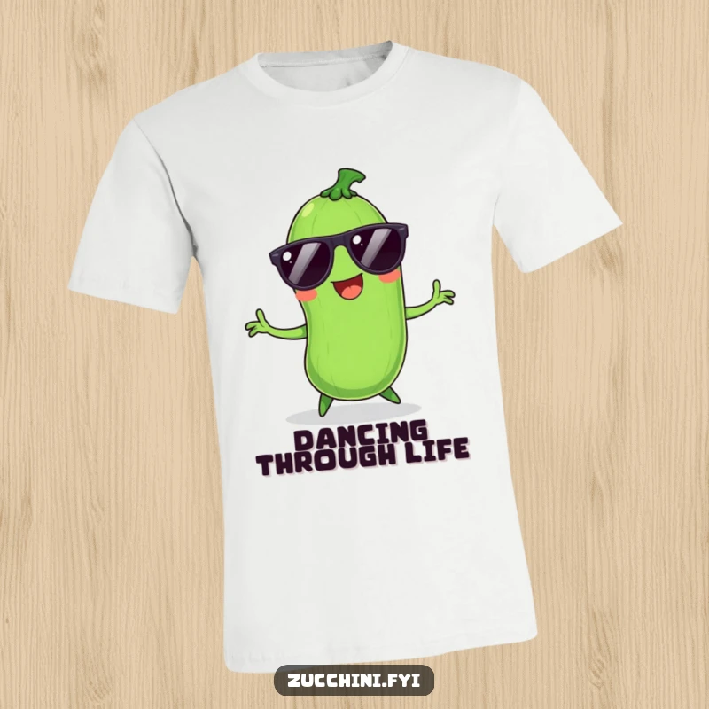 Funny Zucchini T-Shirt: Smiling vegetable with sunglasses, dancing wildly, perfect for parties and fun occasions.