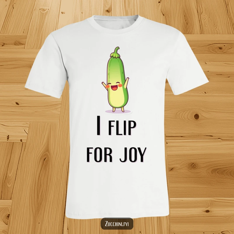 Funny t-shirt featuring a laughing zucchini doing a handstand with its stem up, illustrating joyful, inverted humor.