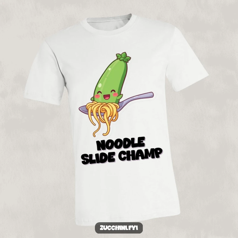 Funny T-shirt depicting a smiling zucchini noodle character gracefully sliding down the curve of a spoon, celebrating playful kitchen moments.