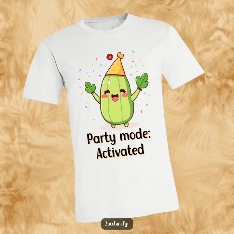 Funny Zucchini Party T-Shirt featuring a gleeful zucchini in a party hat, joyfully tossing confetti with abandon.